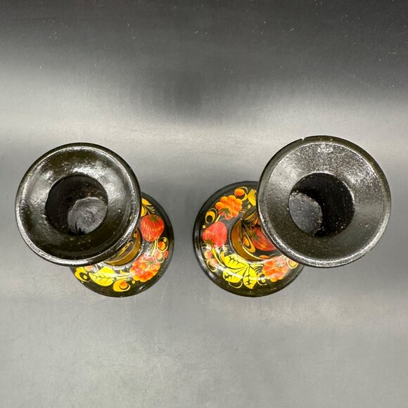 Vintage Khokhloma Candlesticks Hand Painted Russian Floral Fruit Folk Art Wooden - Picture 6 of 12
